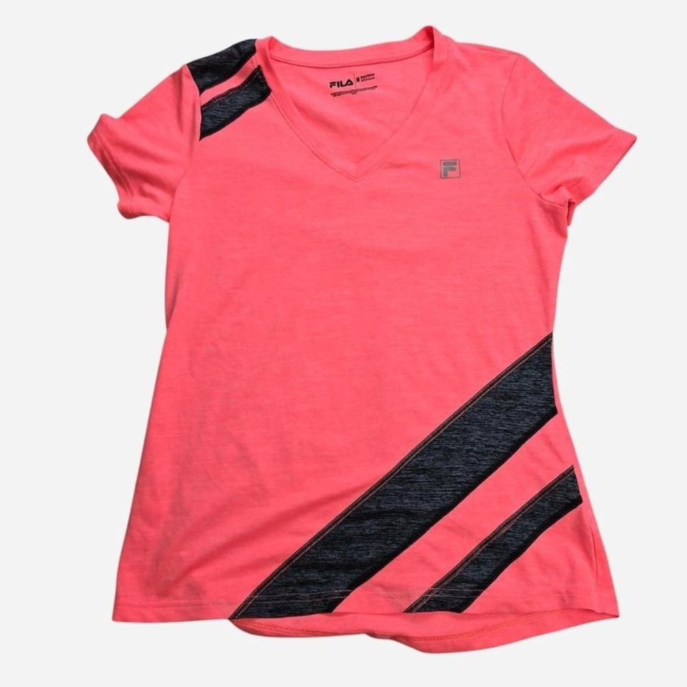 Fila Womens Neon Pink Heathered V-Neck Athletic T-Shirt Grey Stripes Medium